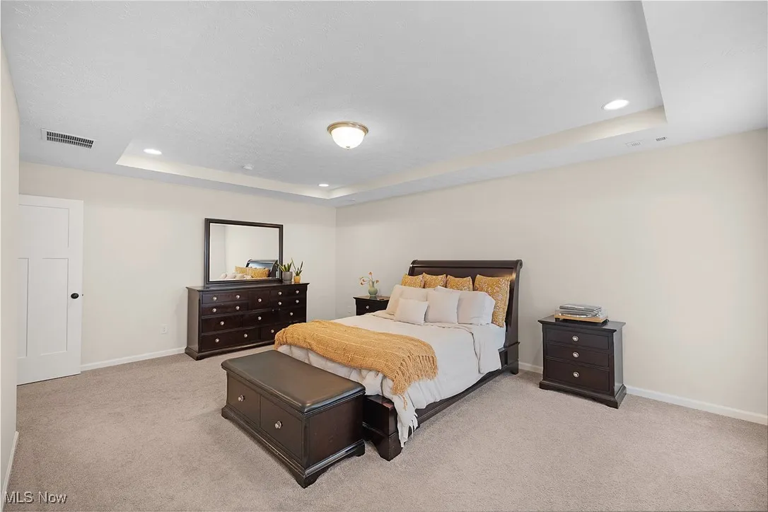 Bedroom with a tray ceiling, carpet floors, and recessed lighting