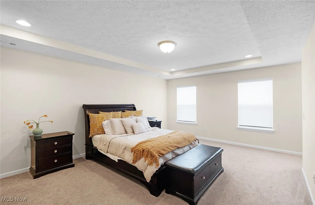 Bedroom with light carpet, a textured ceiling, recessed lighting, and a raised ceiling