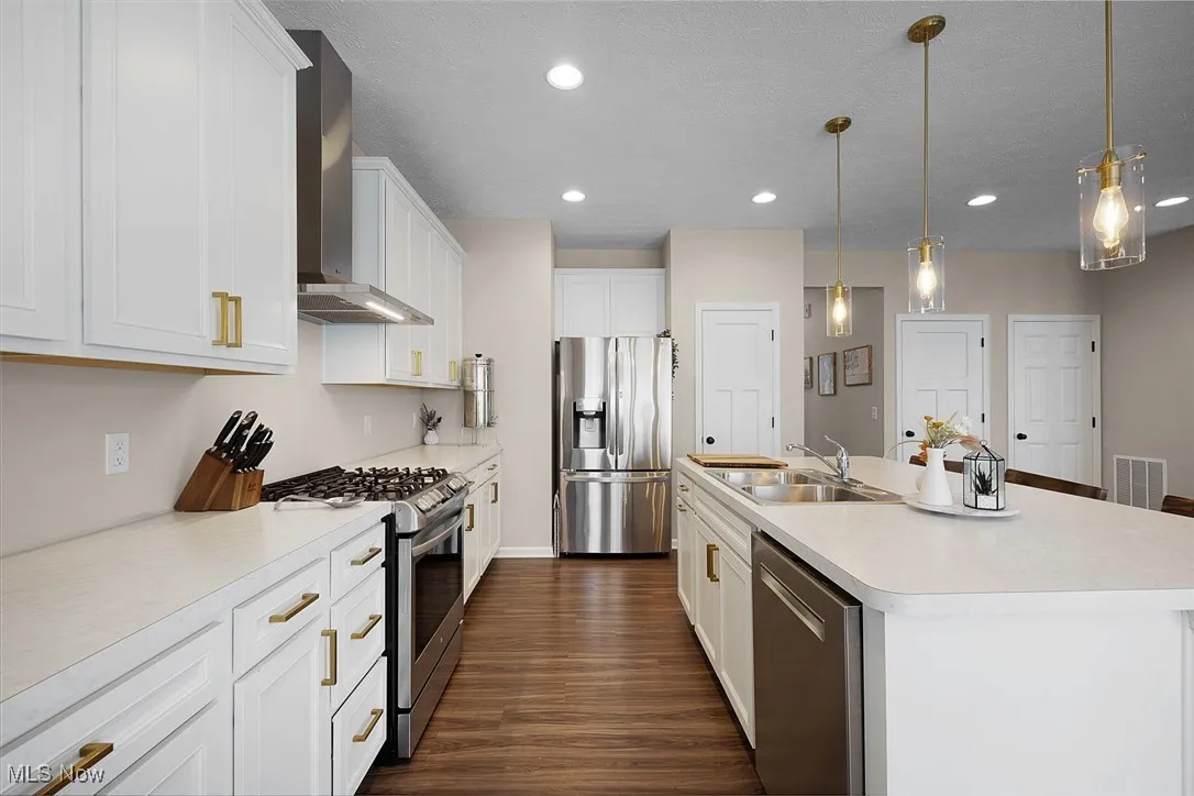 Kitchen with appliances with stainless steel finishes, wall chimney range hood, dark wood-type flooring, an island with sink, and light countertops