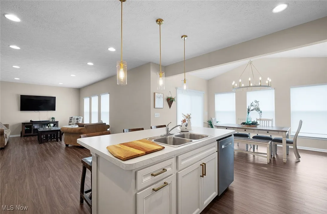 Kitchen featuring stainless steel dishwasher, light countertops, dark wood-style floors, recessed lighting, and a textured ceiling