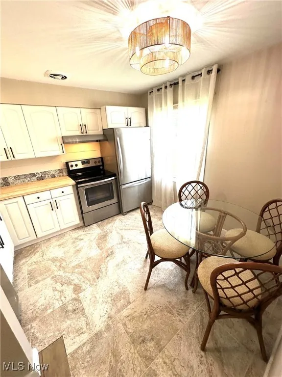 Kitchen with stainless steel appliances, white cabinets, butcher block counters, under cabinet range hood, and light stone finish floors