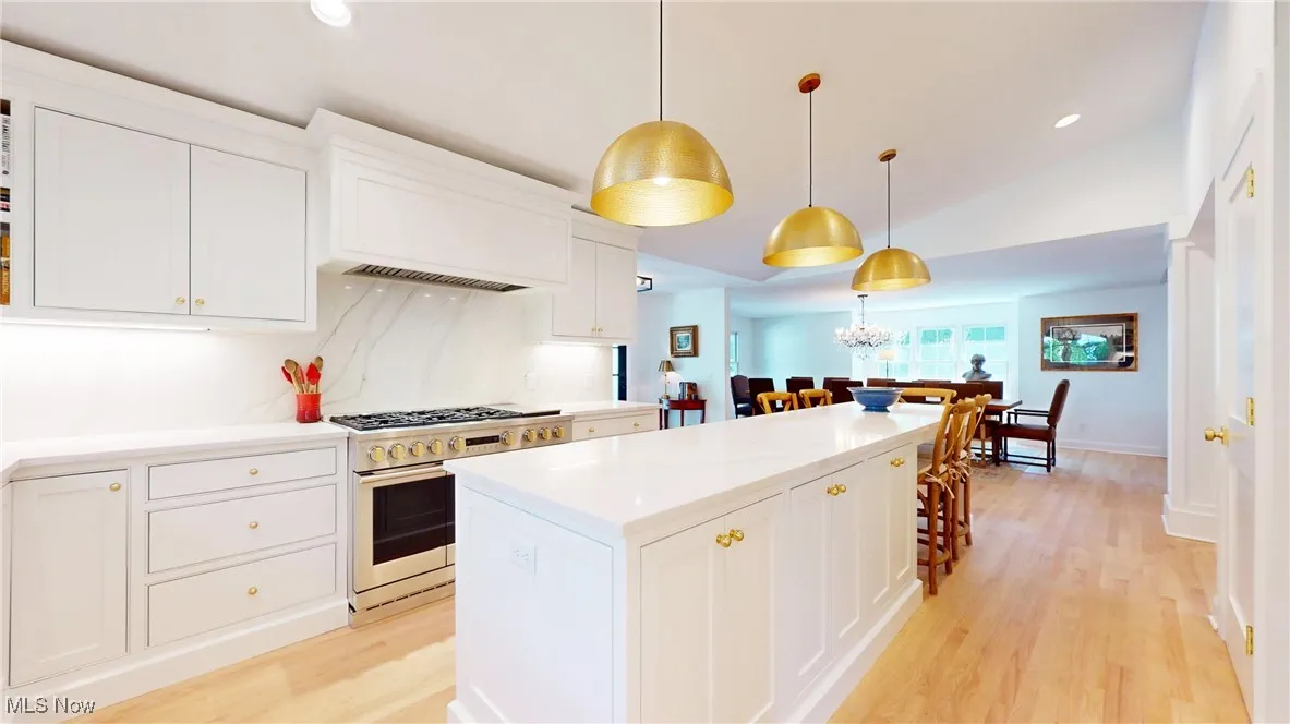 Kitchen with stainless steel GE Monogram stove