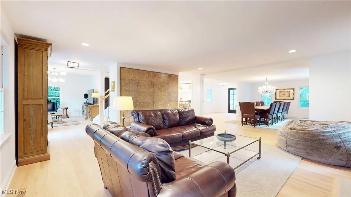 Family room with view into living room on the left and dining room on the right.