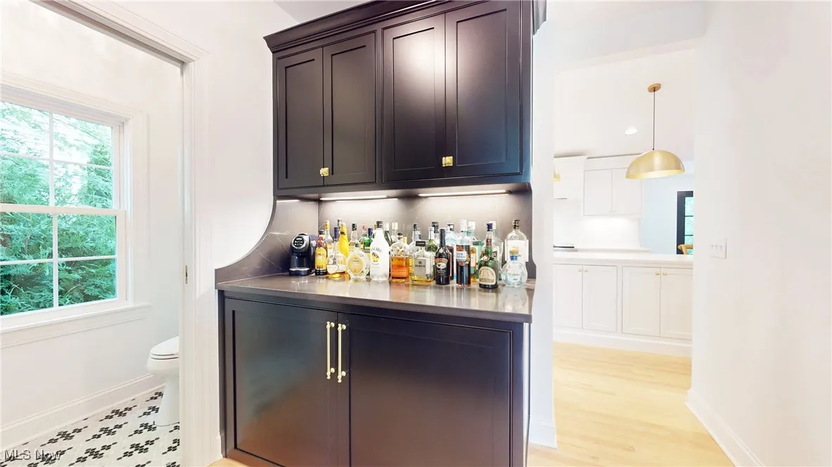 Indoor dry bar featuring beautiful cabinetry, new wood finished floors and a 
