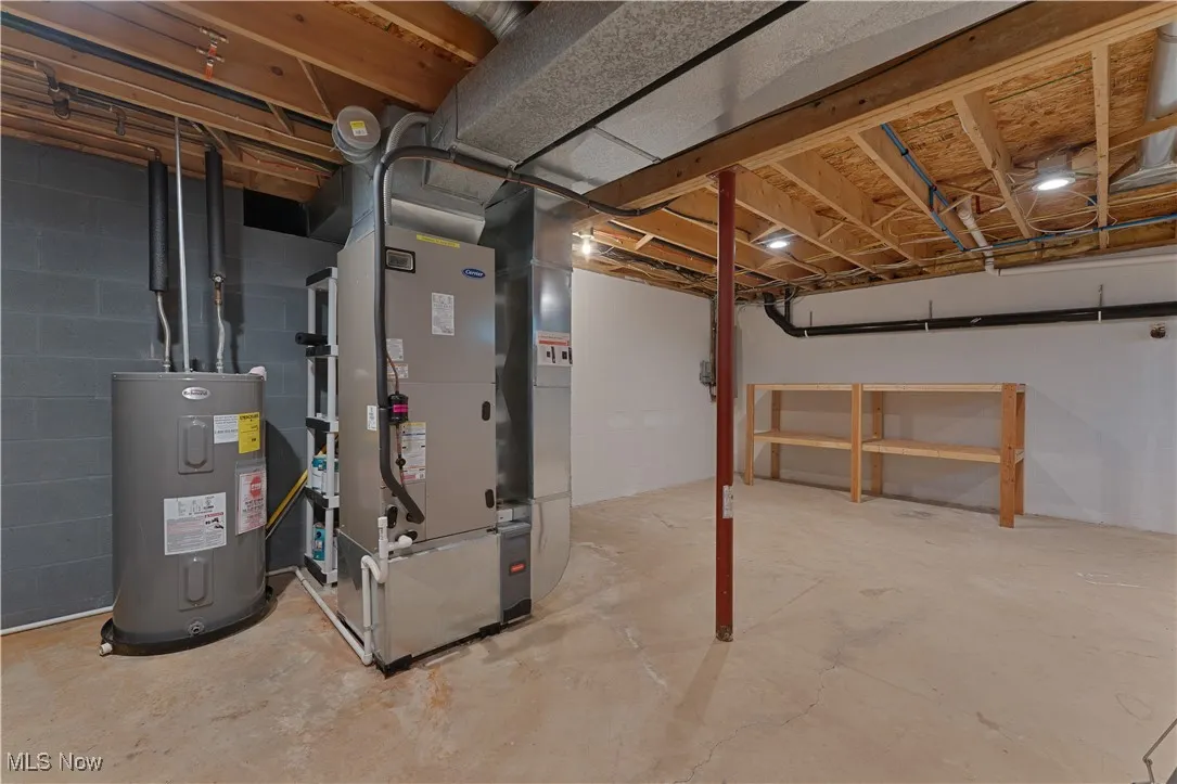 Unfinished basement with electric water heater and heating unit
