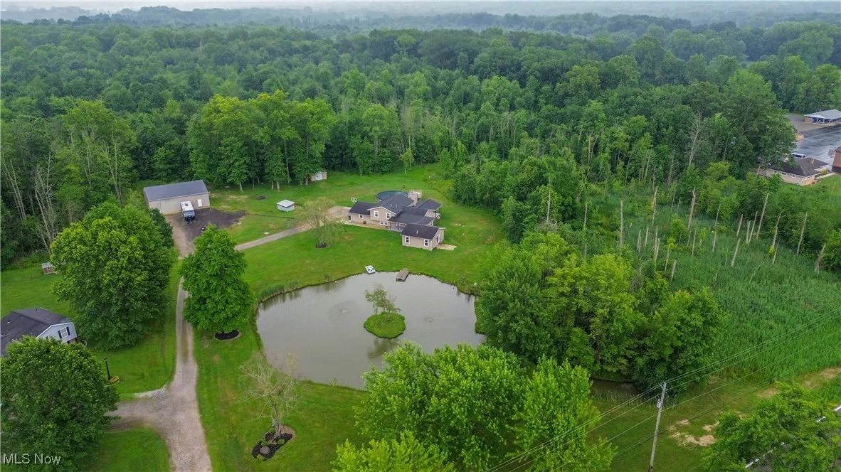 Aerial view of a nearby body of water and a forest