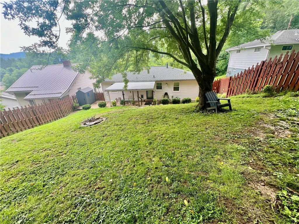 Fenced backyard with a shed and a fire pit