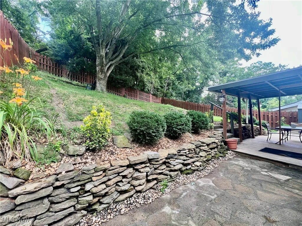 Fenced backyard featuring a deck