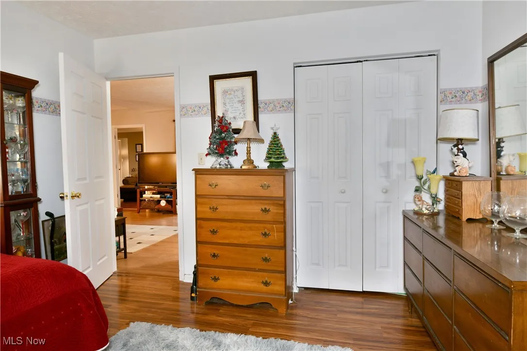 Bedroom featuring dark wood-style floors and a closet