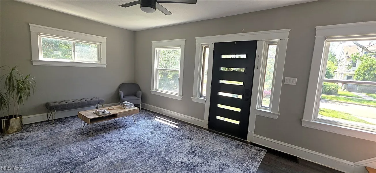 Foyer entrance with a ceiling fan and dark wood-type flooring