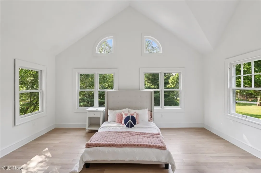 Bedroom featuring high vaulted ceiling and light wood-style floors