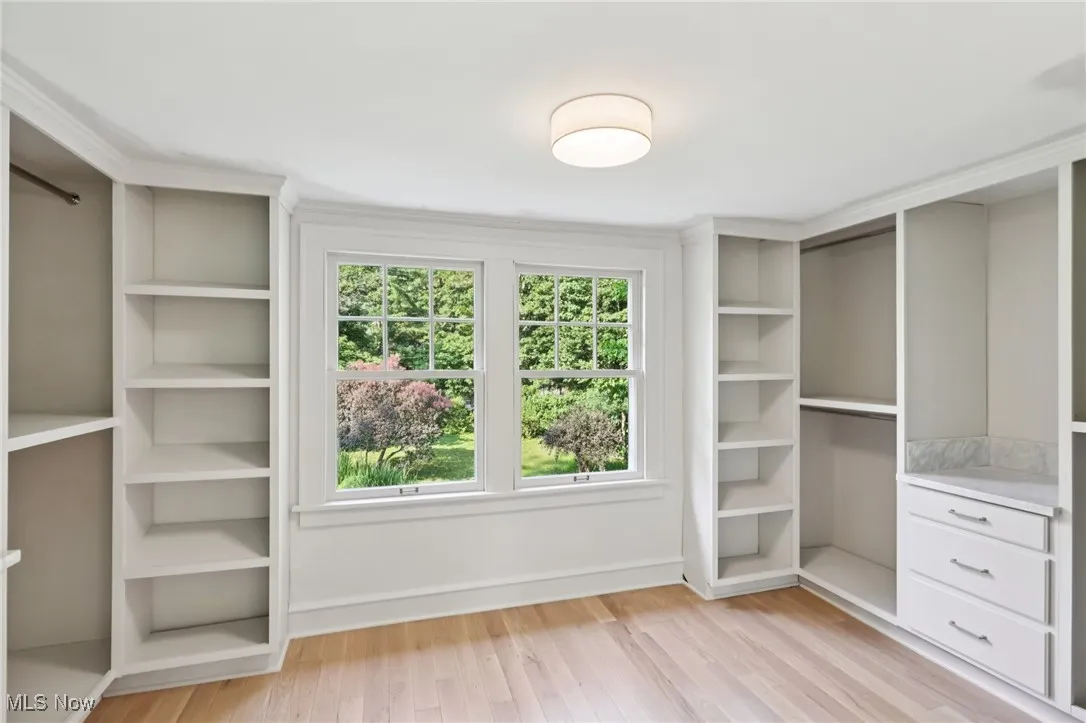 Walk in closet with light wood finished floors