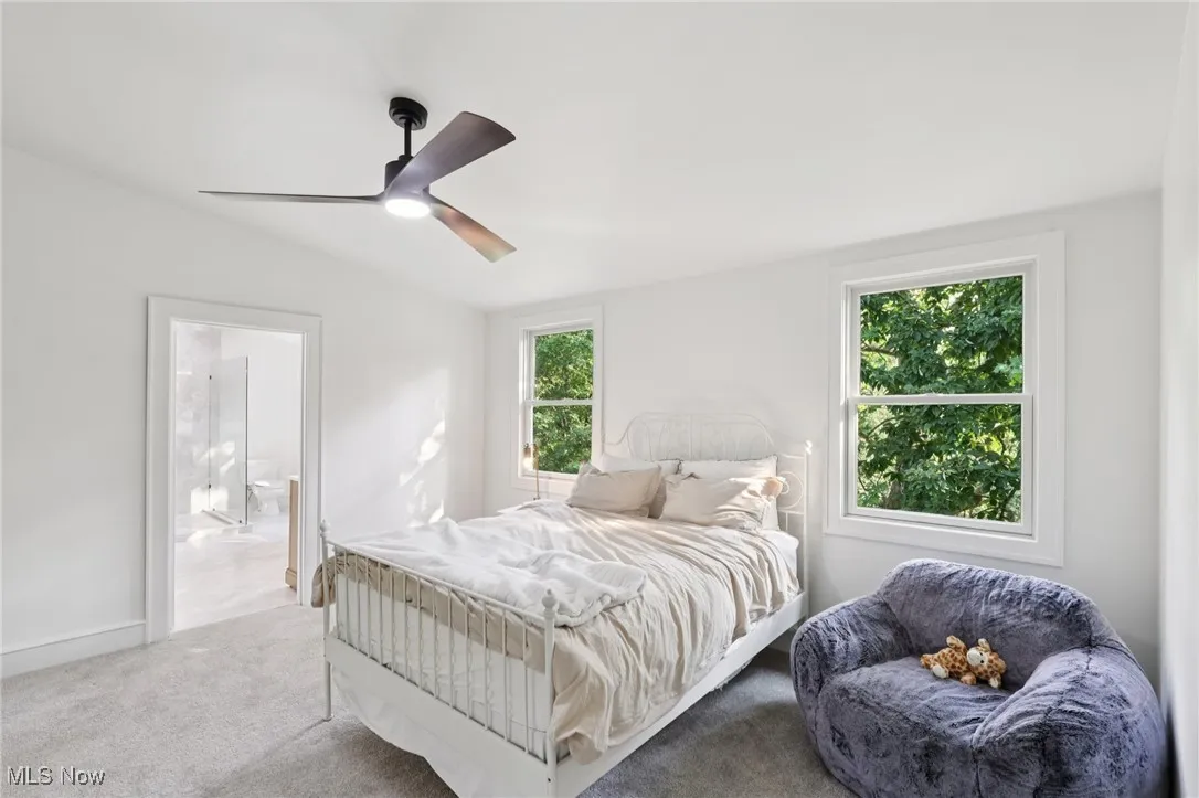Bedroom featuring carpet flooring, a ceiling fan, and ensuite bathroom
