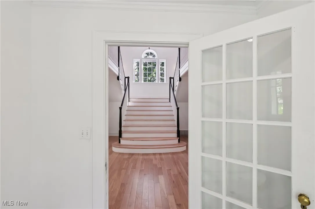 Stairs with ornamental molding and hardwood / wood-style flooring