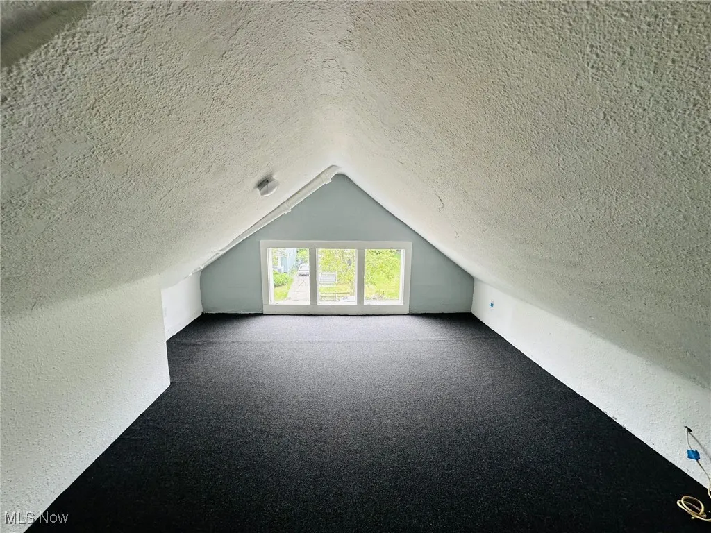 Additional living space with lofted ceiling, carpet floors, and a textured ceiling