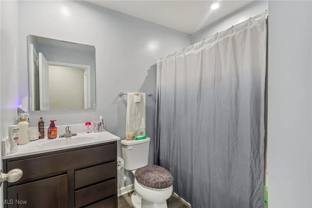 Full bath featuring vanity, wood finished floors, and a shower with shower curtain