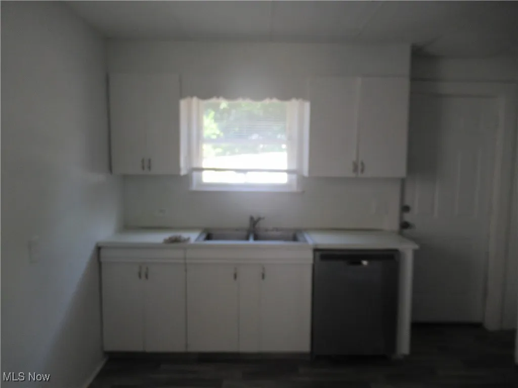 Kitchen featuring dishwasher, white cabinets, light countertops, and dark wood finished floors