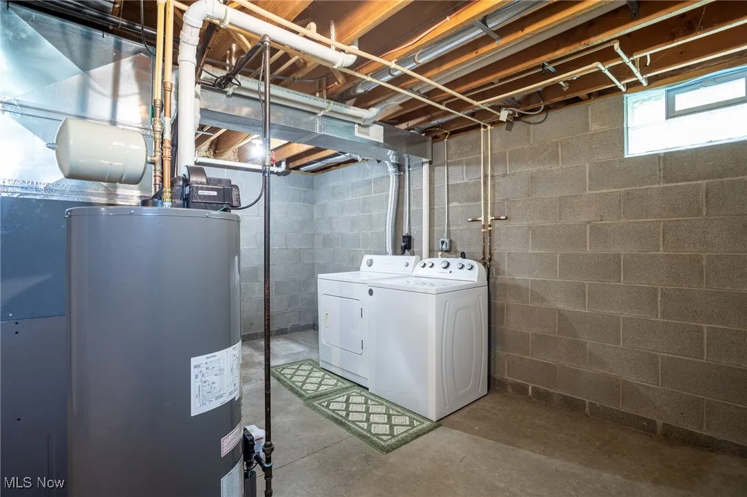 Basement with washer and dryer and water heater