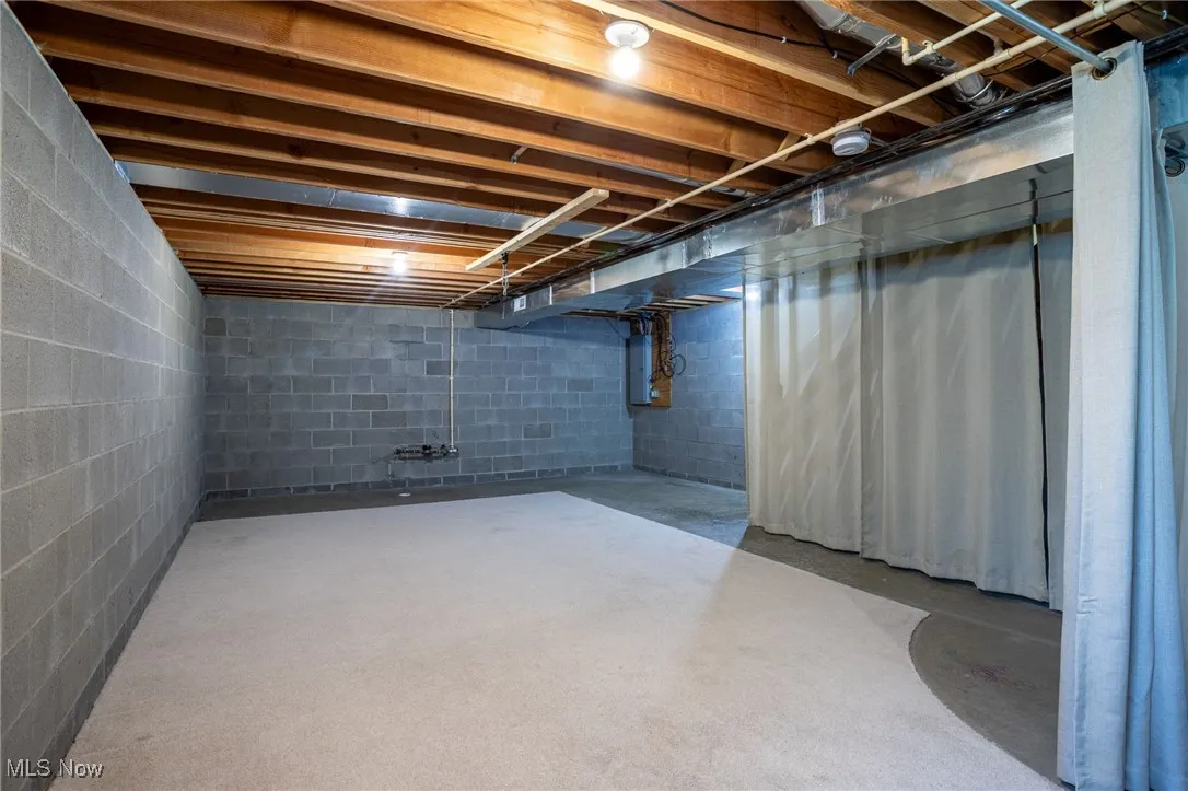 Unfinished basement with electric panel and concrete block wall