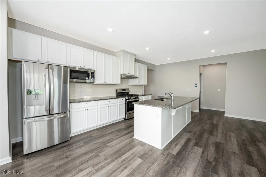 Kitchen featuring stainless steel appliances, dark wood-style flooring, a center island with sink, backsplash, and recessed lighting