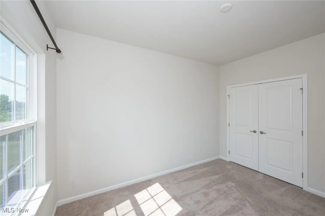 Unfurnished bedroom featuring light colored carpet and a closet
