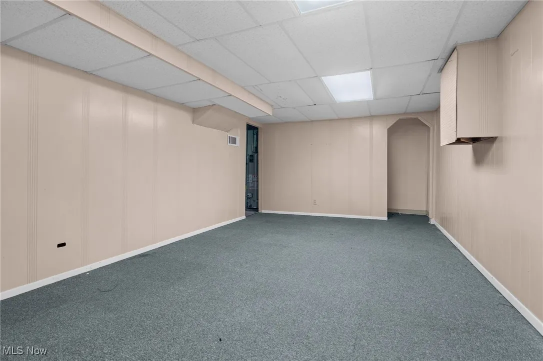Finished basement featuring carpet and a drop ceiling