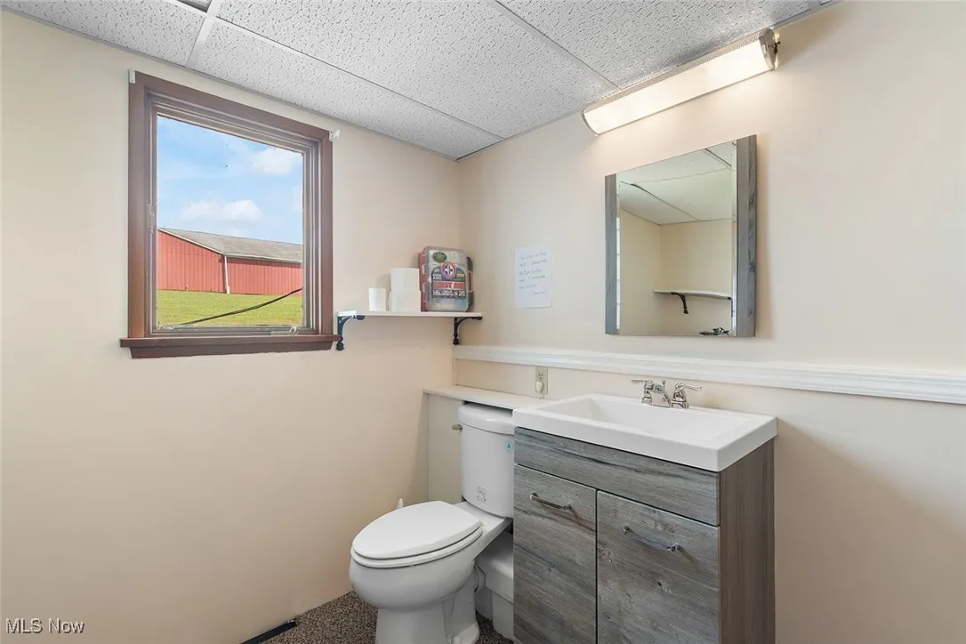 Half bathroom with vanity and a drop ceiling