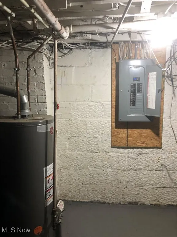Utilities featuring water heater and electric panel