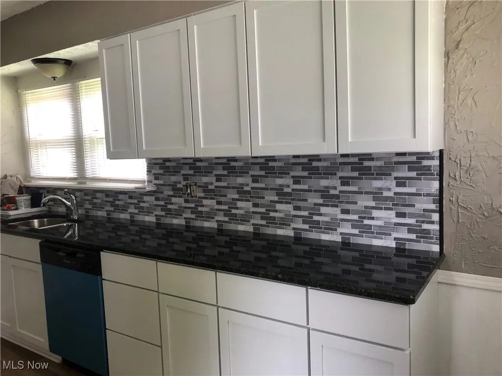 Kitchen with dishwasher, decorative backsplash, white cabinets, dark stone countertops, and wainscoting
