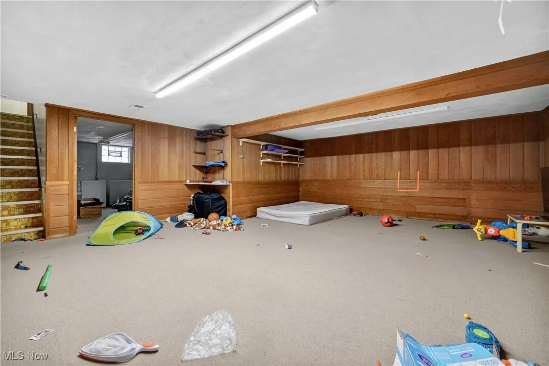 Playroom with wooden walls and carpet flooring