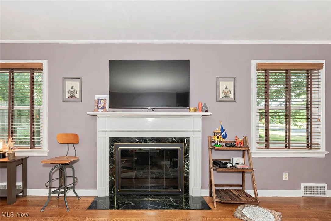Living area with wood finished floors, healthy amount of natural light, ornamental molding, and a premium fireplace