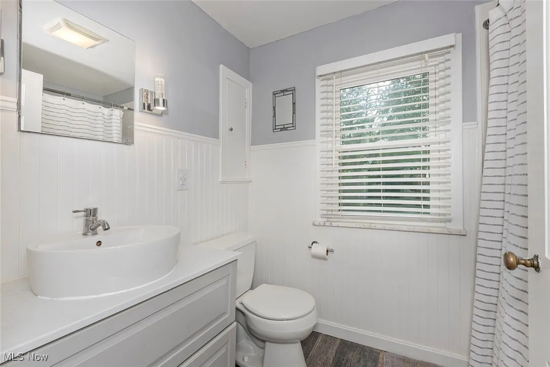 Full bath featuring wainscoting, vanity, and wood finished floors