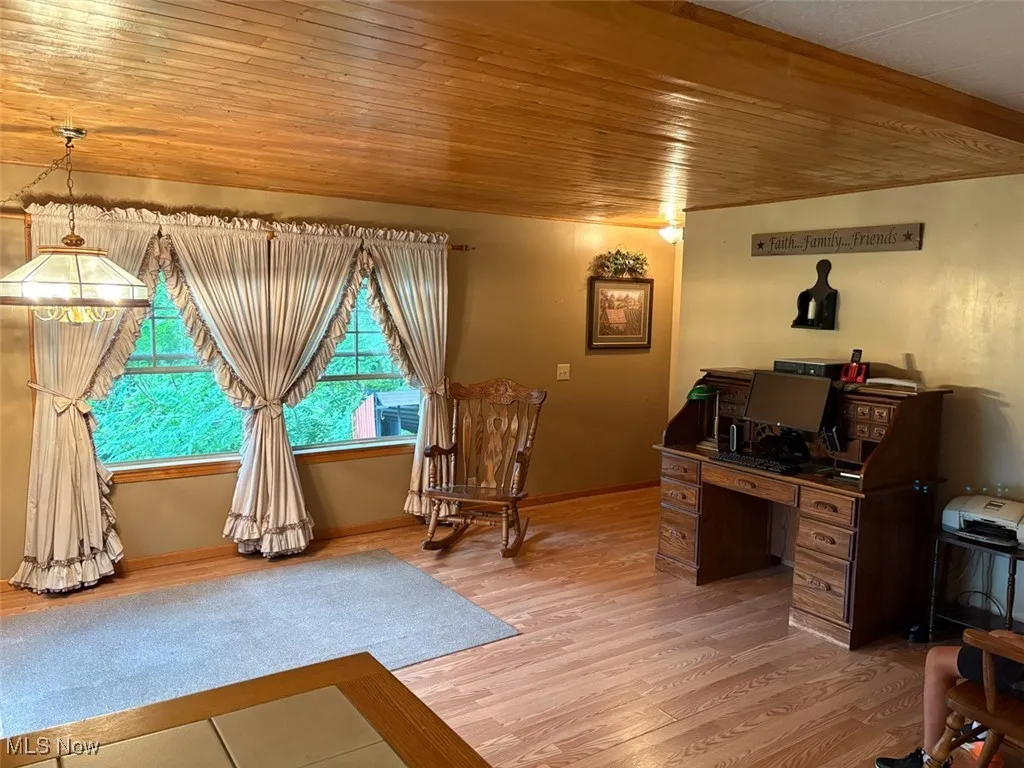 Dining area space featuring light wood finished floors and wooden ceiling