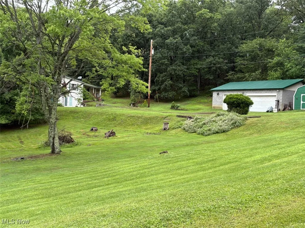 View of grassy yard featuring an outbuilding and a garage
