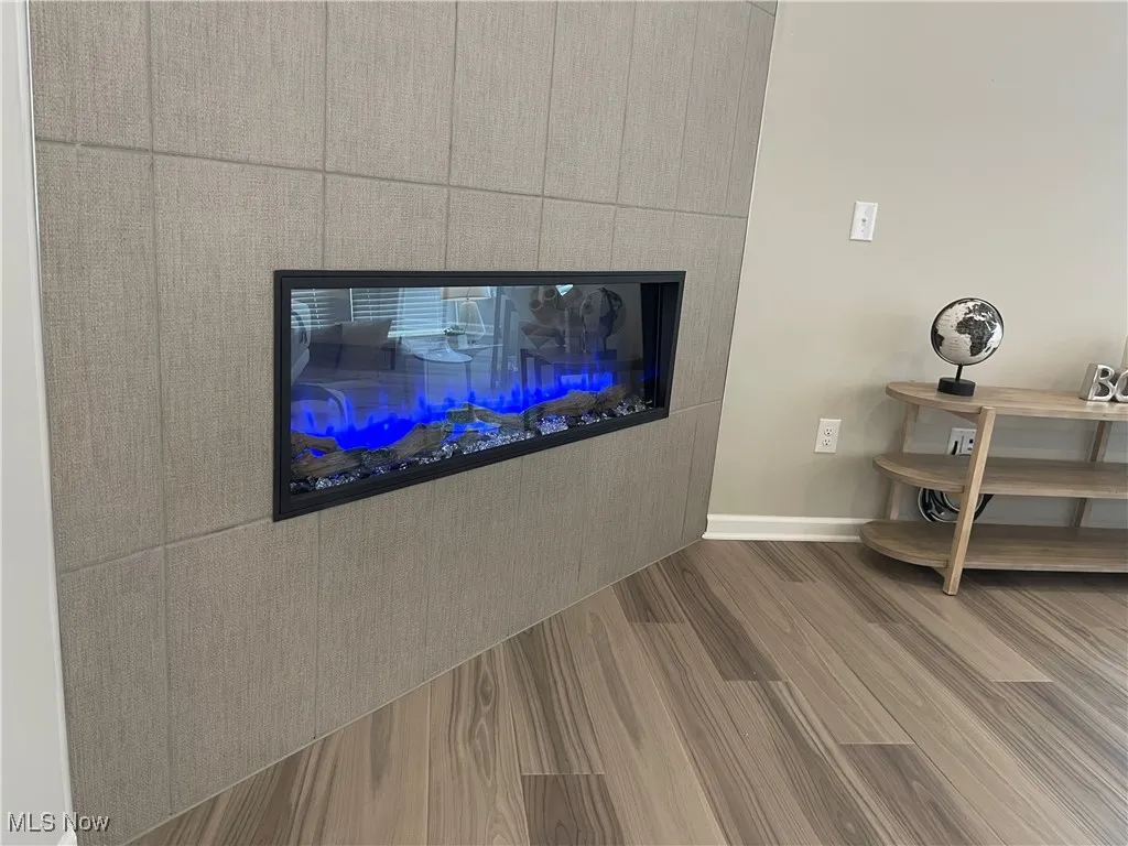 Detailed view of wood finished floors and a glass covered fireplace