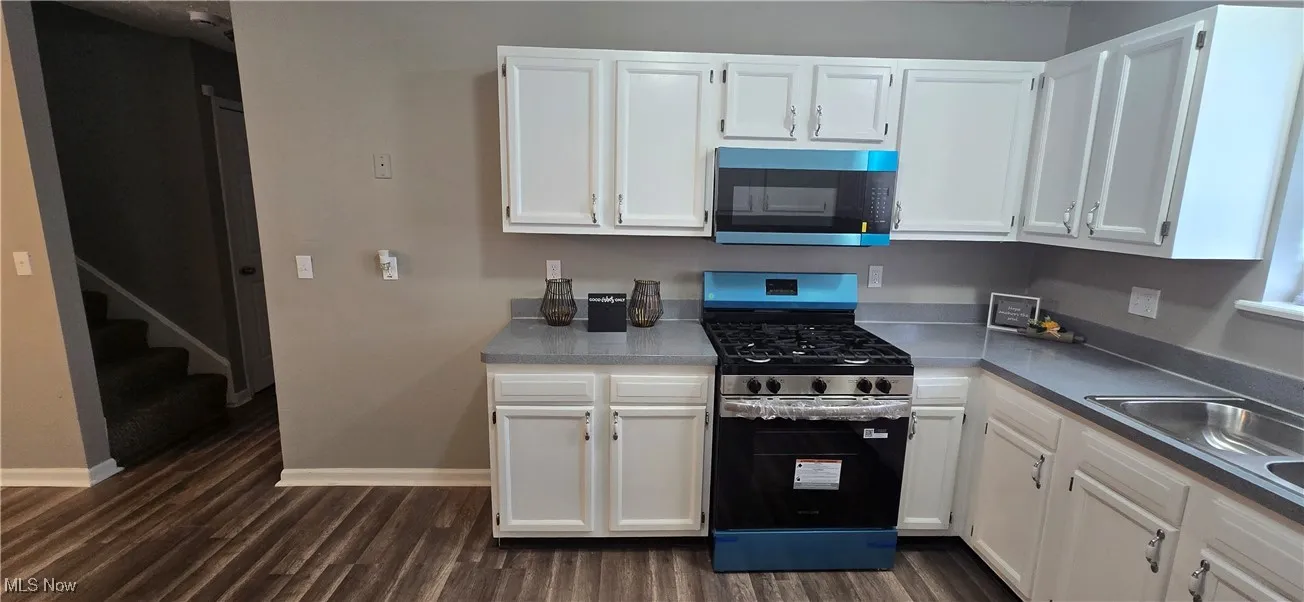 Kitchen with stainless steel appliances, dark wood-style flooring, and white cabinetry