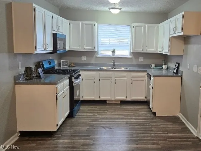Kitchen with stainless steel appliances, dark wood finished floors, and white cabinetry