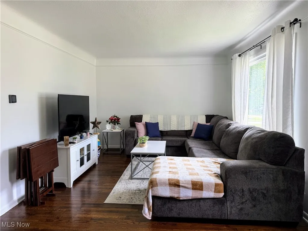 Living area featuring dark wood-style flooring and baseboards