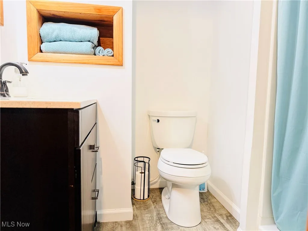 Bathroom with vanity, curtained shower, and wood finished floors