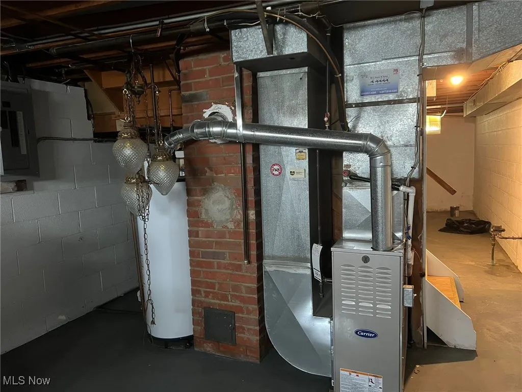 Utility room featuring electric panel, water heater, and heating unit