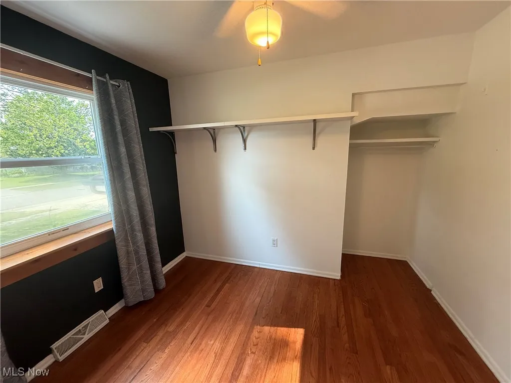 Walk in closet featuring wood finished floors and ceiling fan