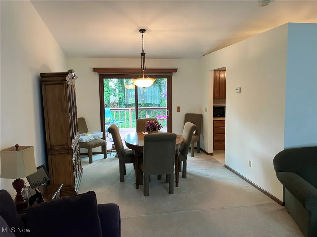 Dining room with light colored carpet