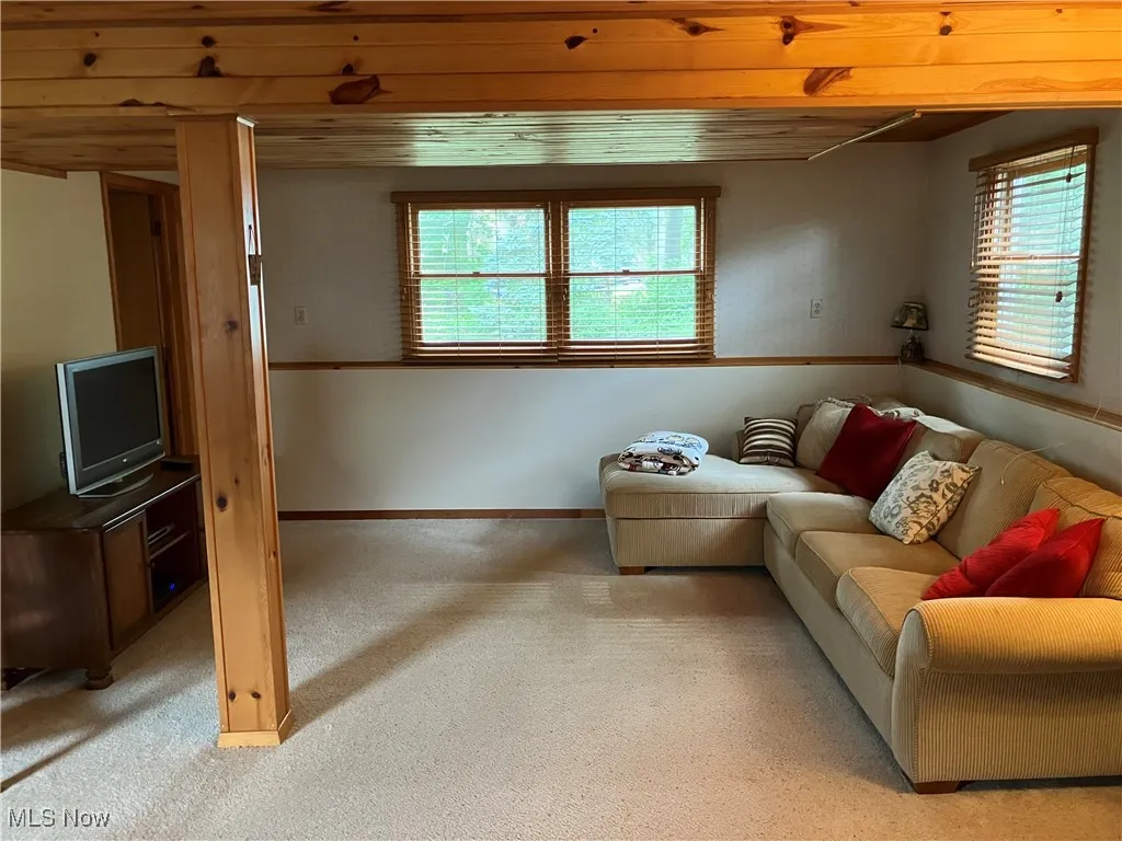 Living area with healthy amount of natural light, light carpet, and wooden ceiling