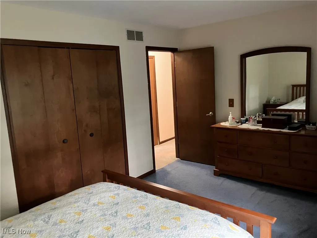 Carpeted bedroom featuring a closet