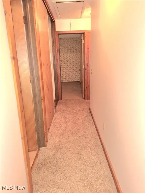 Corridor with attic access and carpet