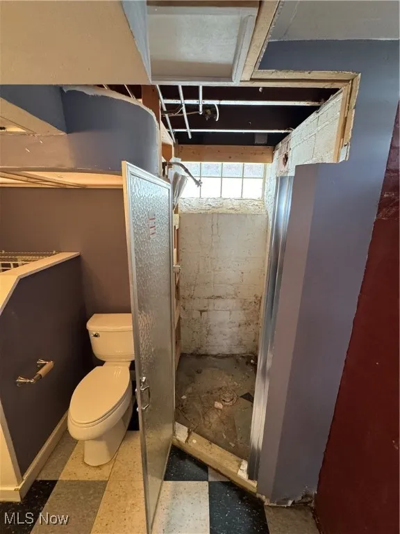 Right now its a half bathroom with potential to become a Full bathroom featuring toilet and a shower stall