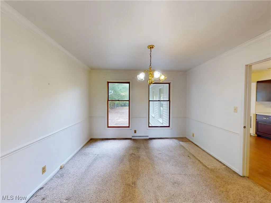Empty room featuring ornamental molding, light colored carpet, a chandelier, and baseboard heating