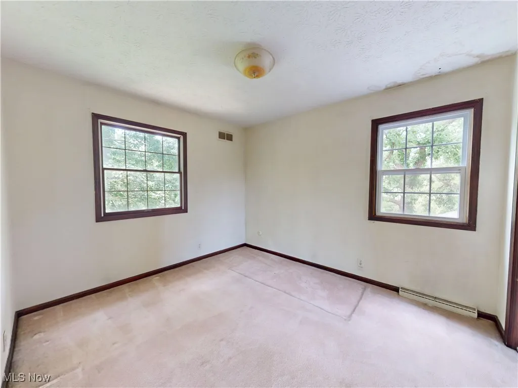 Spare room featuring plenty of natural light, baseboard heating, light carpet, and a textured ceiling