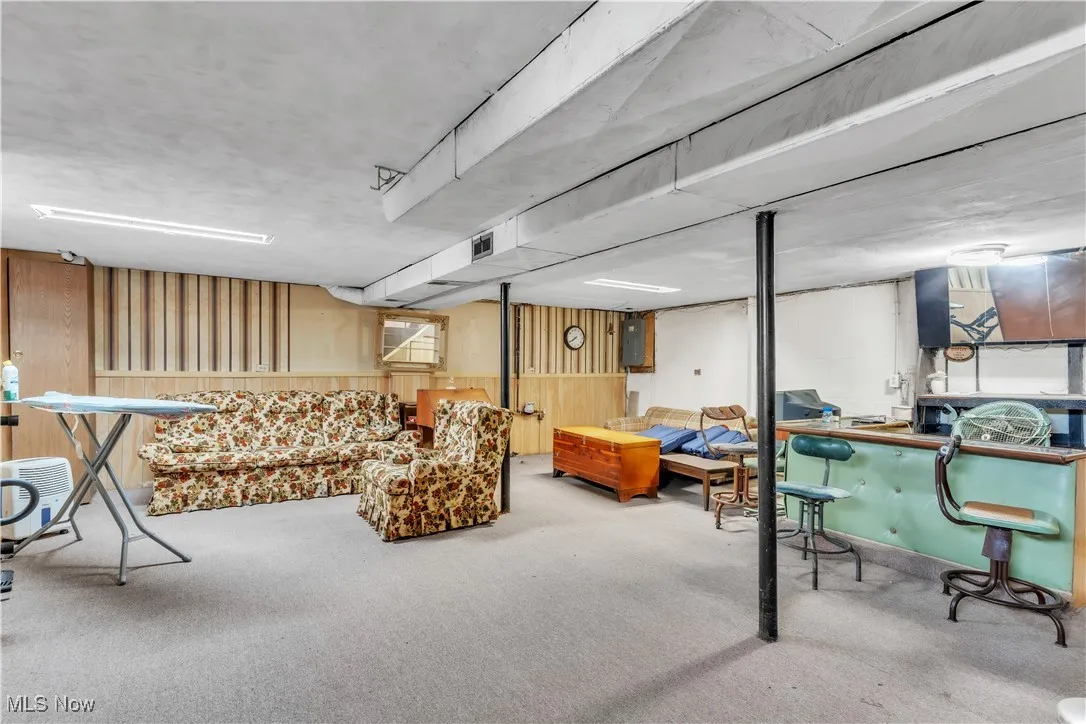 Finished below grade area featuring carpet and wooden walls