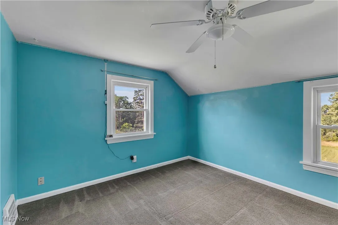 Additional living space with vaulted ceiling, a ceiling fan, and carpet flooring